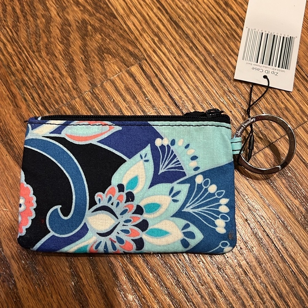 Vera Bradley Blue Lotus Flower Swirl Zip Coin / ID Case Wallet with Key Ring NWT